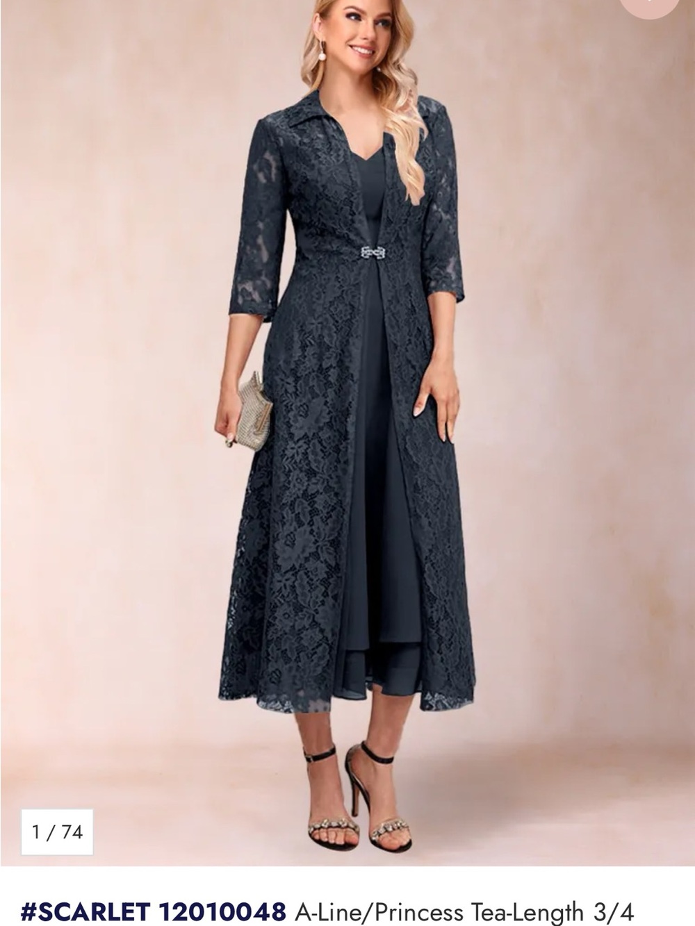 Lace Overlay Navy Midi Dress with Matching Jacket